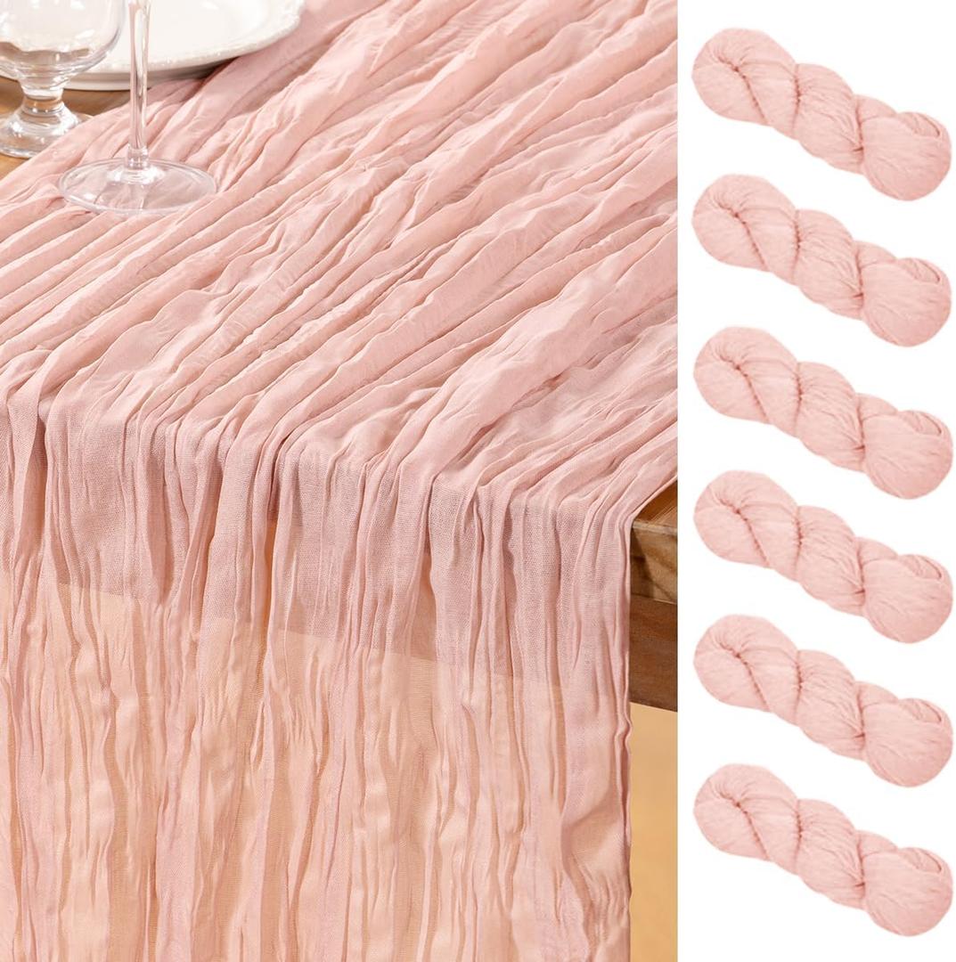 DeZerlor Pink Cheesecloth Table Runner 6 Pack Spring Easter Table Runners Boho Gauze 120 Inches Light Pink Cheese Cloth Table Decor for Wedding Bridal Baby Shower Parties