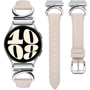 Leather Bands Compatible with Samsung Galaxy Watch 7/ 6/ 5/ 4/ FE/ Active 2 40mm 44mm/ Watch 6 Classic 43mm 47mm Band, 20mm Slim Dressy Leather Strap with C-Shape Metal Buckle Women, Silver/ Starlight