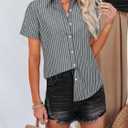 siliteelon Striped Button Down Shirts for Women Cotton Short Sleeve Blouses Collared Shirt Office Work Going Out Tops (X-Small, Deep Gray Striped)