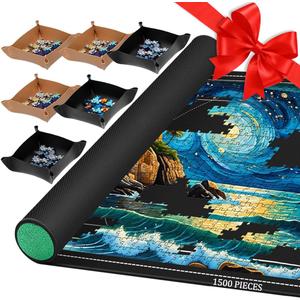 Pohxev Jigsaw Puzzle Mat Roll Up, Portable Saver Pad 43 x 26 Up to 1500 Pieces, Puzzles Matt Rollup with Non-Slip Rubber Bottom & Smooth Top. (6 Puzzle Sorting Trays & 1 Storage Bag) (Black)