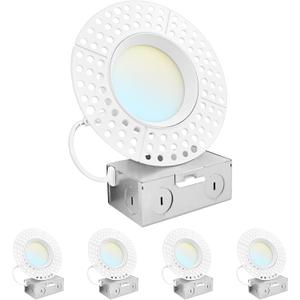 LUXRITE 4 Inch Trimless LED Recessed Lights with Junction Box, 15W, 1200LM, 4 Count