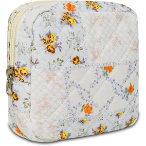 Small Floral Quilted Makeup Bag, Coquette Aesthetic Travel Toiletry Organizer for Women, Lightweight Cotton Cosmetic Pouch (Flower Patchwork)