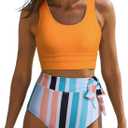 Dokotoo High Waisted Bikini Sets for Women Beach Scoop Neck Sleeveless Racerback Striped Print Trendy Swimsuit Sexy High Cut Tummy Control Bathing Suit Orange, Large