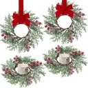 Sggvecsy 4 Pcs Christmas Candle Rings Norfolk Pine Wreath Artificial Red Berries Small Wreaths Table Centerpieces Kitchen Cabinets Pillars Mini Candle Rings for Window Front Door Decor