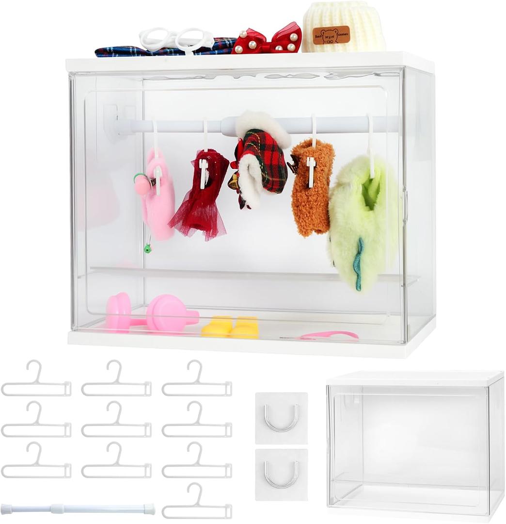 Clear Doll Wardrobe Storage Box Compatible with 15/17cm Doll Clothes & Accessories, Clear Display Box Shelf, Includes 10 Hangers, 1 Rod & 2 Supports, Stackable