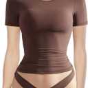 Women Basic Slim Fit Crop T Shirts Tops Short Sleeve Y2K Going Out Tops Tight Tee Summer Outfit (1# Brown,L)