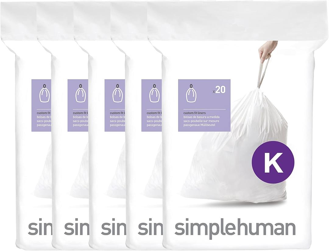 simplehuman Code K 100 Count, Dispenser Pack Custom Fit Liners, Drawstring Trash Bags, 35-45 Liter / 9-12 Gallon, White