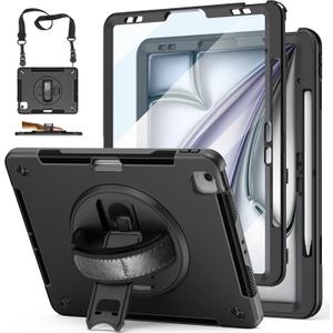 Case for iPad Air 13 Inch M3 2025 & M2 2024: Military Grade Cover for iPad Pro 12.9 6th/5th/4th/3rd Generation W/Screen Protector- Stand- Pencil Holder- Handle- Shoulder Strap- Black