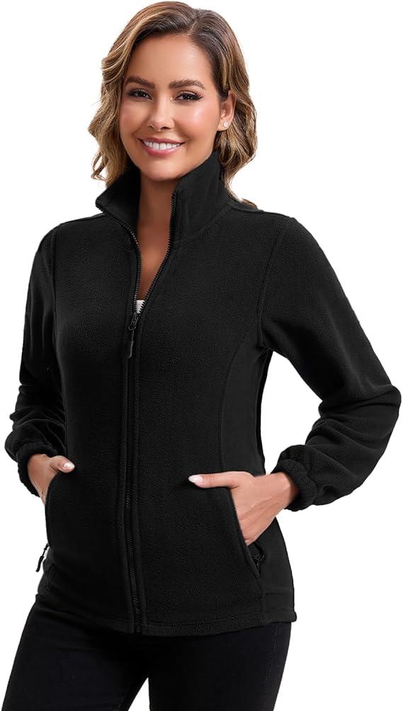 ZMC Women Fleece Jacket Zip Up, Lightweight Full Zip Polar Fleece Jacket for Women with Pockets, Black Large