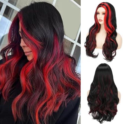 Black and Red Long Culry Wavy wig for Women Natural Hair for Cosplay Halloween Costume Party Daily Party Use