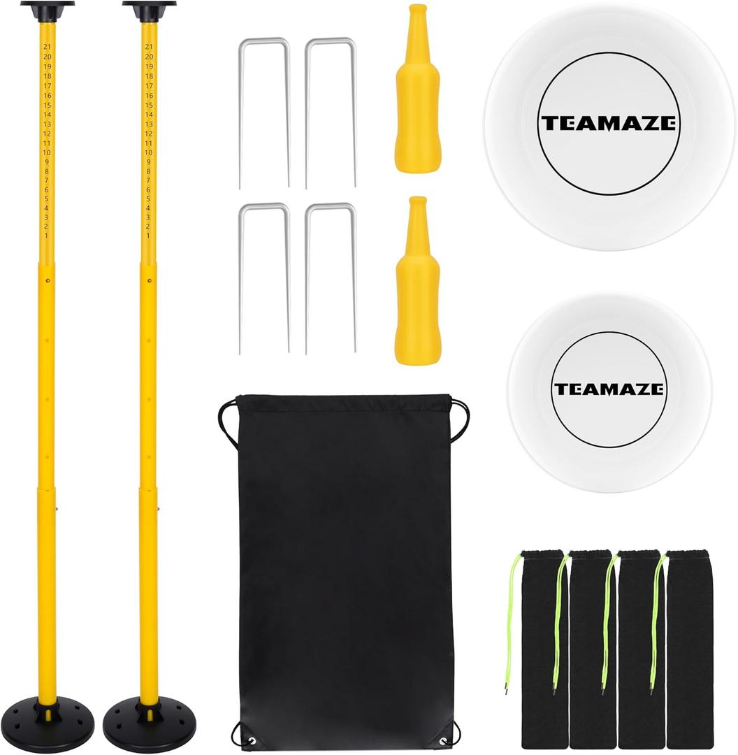 Flying Disc Game Set, Disc Toss Outdoor Games Height Adjustable Bottle Drop Set, Score Tracker, Portable Bottle Set for Family Yard Lawn Beach, 38" to 41"