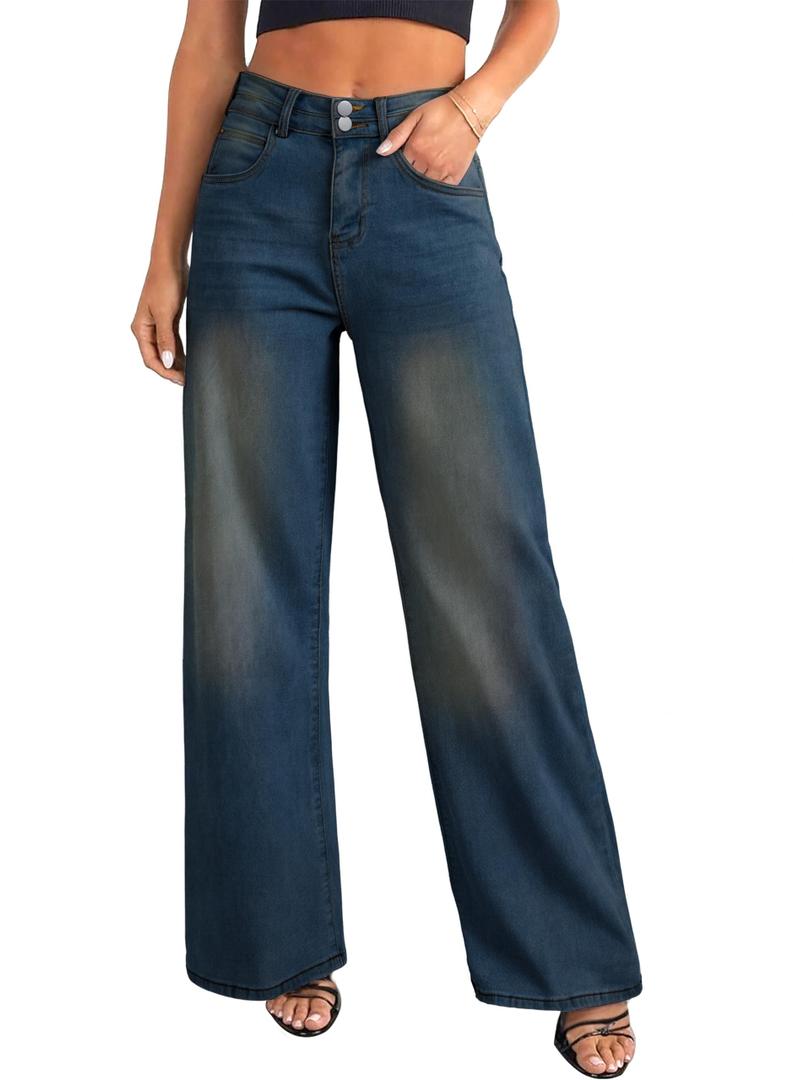 KICZOY Women's Jeans High Waisted Straight Leg Stretchy Jeans Boyfriends Loose Wide Leg Denim Pants