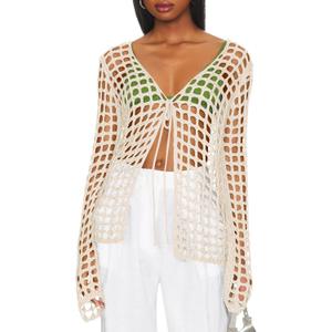 Saodimallsu Womens Long Sleeve Swimsuit Coverup Crochet Hollow Out Tie Front Swim Cover Up Knit Cardigan (Medium, Creamy-white)