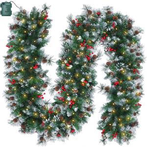 Brightown Christmas Garland with Lights, 9ft 100LED Battery Operated Garland Decorated with Pine Cones, Berry, 8 Light Modes & Timer, Indoor & Outdoor Christmas Lights for Stairs Fireplace Door Fences
