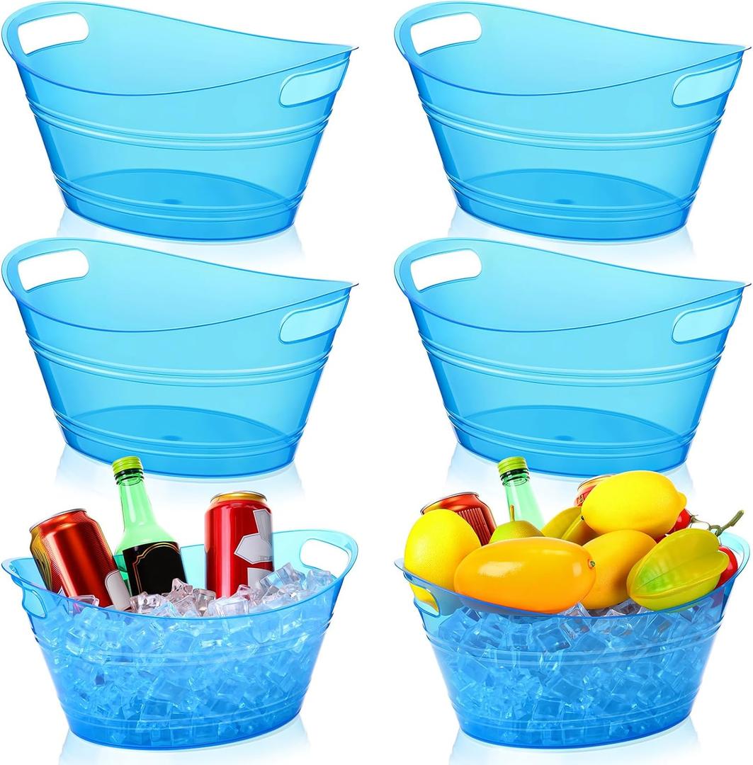 meekoo 6 Pcs Plastic Ice Buckets Bulk with Handles 4.5L Oval Storage Tub Large Capacity Ice Drink Bucket for Party Bar Wine Beer Champagne Beverage Bottle Cooler (4.5 L,Blue)