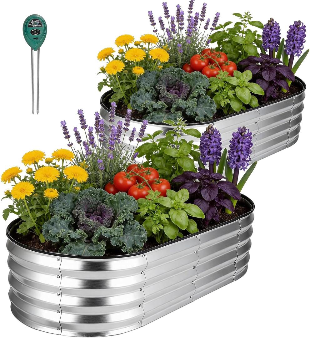 Galvanized Raised Garden Bed 2 Pack 4x2x1ft, Rust-Resistant Metal Oval Planter Box Outdoor, Easy Assembly Planting Bed Kit for Vegetables, Fruits, Herbs - Silver