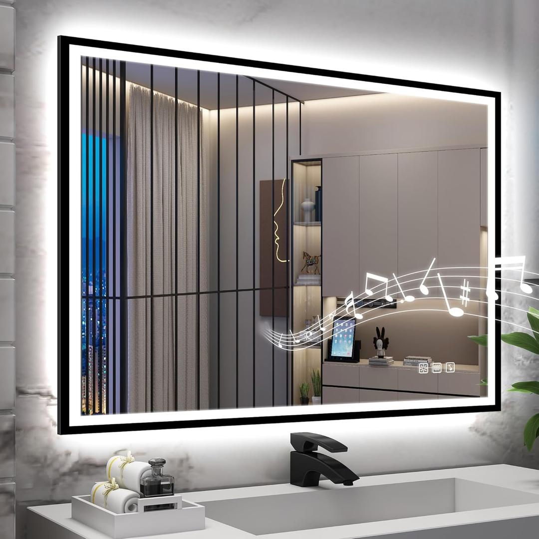 SBAGNO 36''x28'' LED Bathroom Mirror with Lights, Bathroom Vanity Wall Mirror with Buletooth, Anti-Fog, Stepless Dimmable, 3 Colors, Tempered Glass Lighted Vanity Mirror for Bathroom (Rectangular-black)