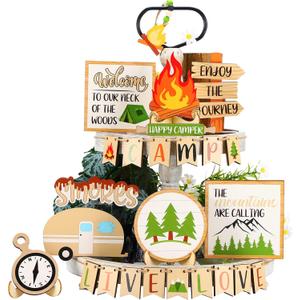 25 Pcs Camping Tiered Tray Set - Farmhouse Smores Wood Sign Decorations - Party Campfire Barbecue Centerpiece - Rustic Kitchen Decor
