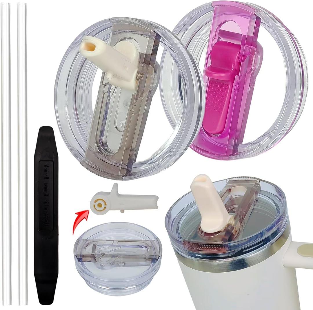 2 Pack 30 oz Tumbler Detachable Flip Straw Lid Replacement Fit for Stanley Quencher ProTour,Leak Proof Lid Compatible with Stanley Cup,No Spill Flip Top Tumbler Cover for Stanley Cup Accessories (rose+off-white)