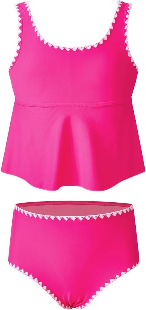 blibean Girls Swimsuits Two Piece Tankini Sets Ruffle Bathing Suit with Chest Pad 6-15 Years (Pink)