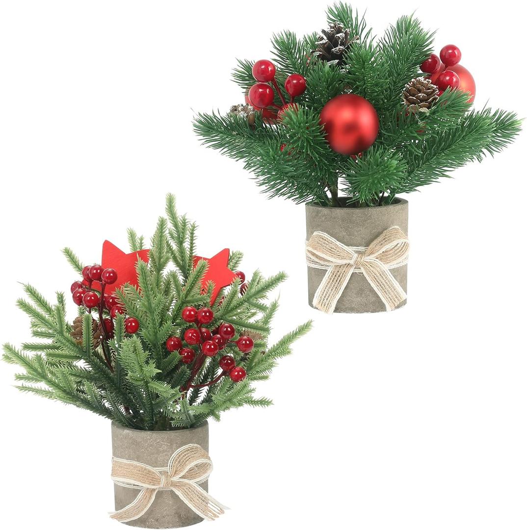 2PCS Small Christmas Tree,Tabletop Mini Xmas Tree,9" Artificial Little Potted for Christmas Decor,Suitable for Weddings, Holidays, Christmas and Other Festivals (Star/Ball)