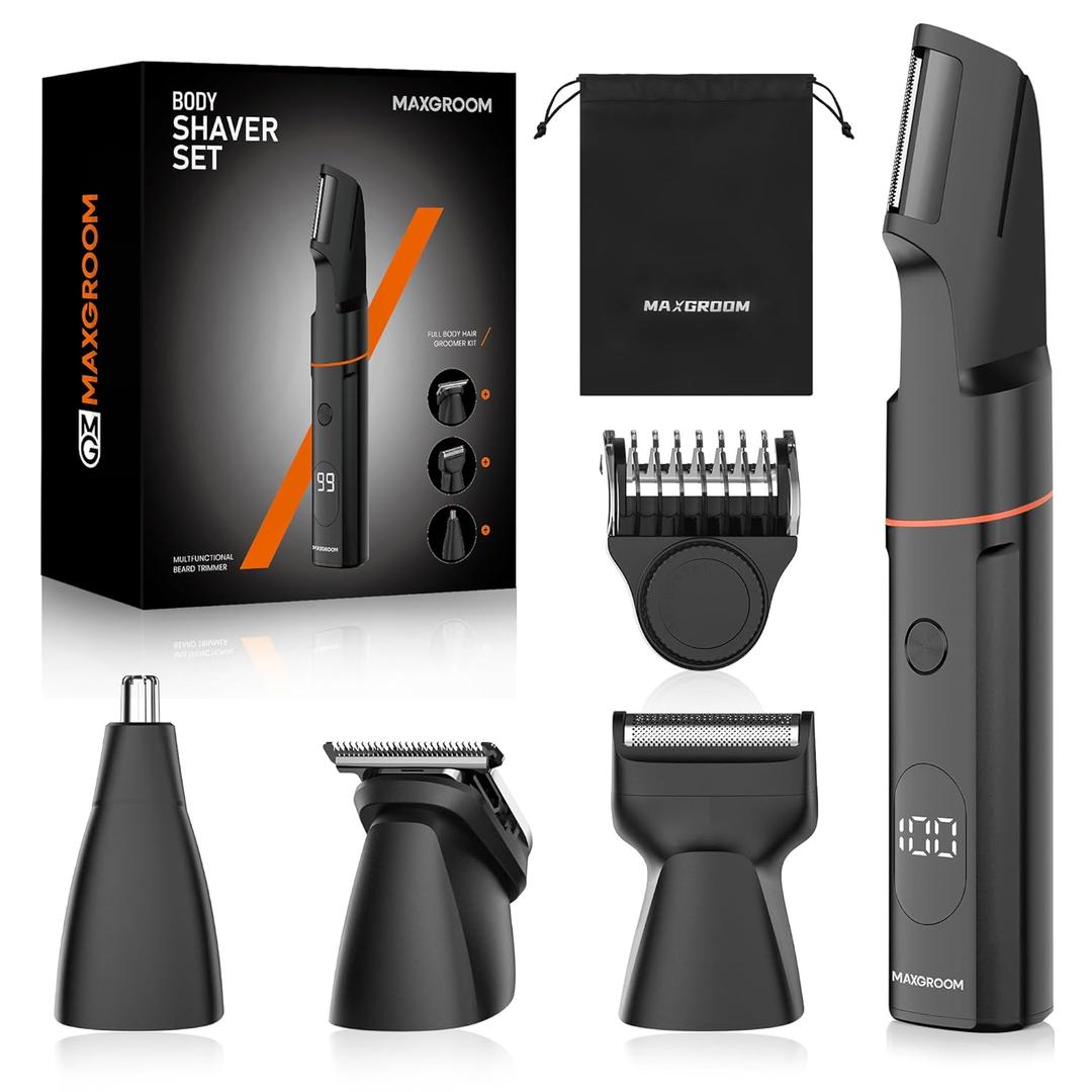 Manscape Body Hair Trimmer for Men, Waterproof Pubic, Groin & Ball Shaver, No-Nick Mens Electric Grooming Kit with LED Display, USB Rechargeable, Adjustable Guide Comb