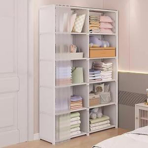 Wardrobes, Wardrobe with Compartments, with Multiple Storage Areas and Wardrobe Door Curtain, for Bedrooms(White,D)