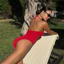 ELUWE Women's Textured Cutout One Piece Swimsuit - Halter Monokini Tummy Control Bathing Suit Slimming (Red, M)