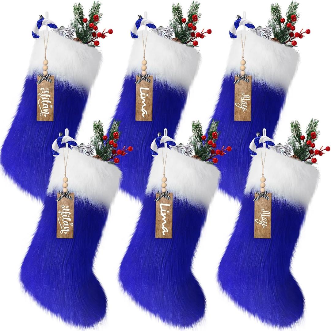 6Pcs Personalized Christmas Stockings with Name Tags 18 Inch Large Xmas Faux Fur Stockings Plush Fur Hanging Ornament 2026 Christmas Stockings for Christmas Home Decor(Royal Blue)