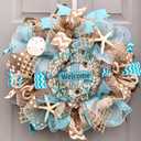 Summer Beach Door Decor 11.8 Inch Summer Beach Wreath for Front Door Starfish Seashell Hanging Sign Blue Coral Wall Hanger for Home Office Porch Indoor Outdoor Party Decor