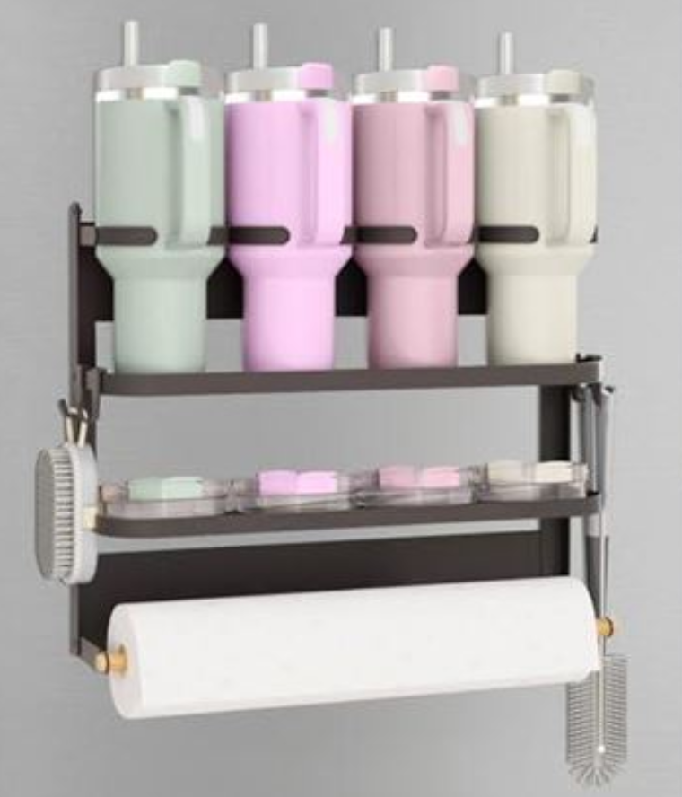 AFKLMNE Magnetic Tumbler Organizer for Stanley Cup 20/30/40 oz with Paper Towel Holder, Strong Magnetic Cup Holder for Fridge Water Bottle Storage Rack (Black, 4 Cup)