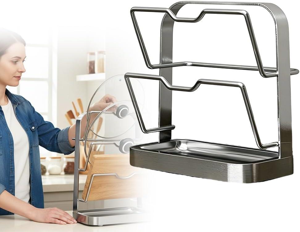Yonynn Kitchen Pot Lid Organizer Rack, Multifunctional Pot Lid Holder with Drainage Tray, Carbon Steel Pot Lid Storage Rack for Counter & Cabinet (Double Layer)