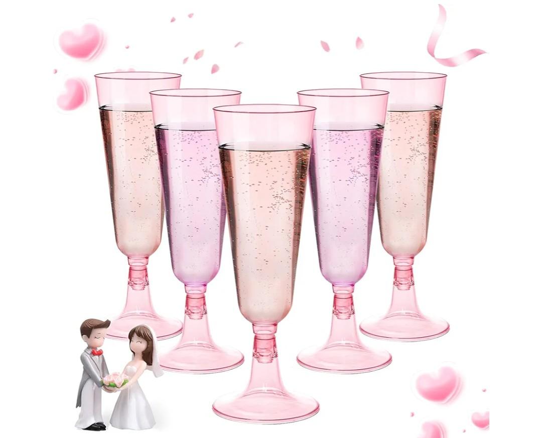 GuanQiao 40 Pack Pink Plastic Champagne Flutes, 5.5 Oz Clear Disposable Plastic Champagne Glasses, Wine Glasses Cups for Valentines Wedding Celebration Birthday Party New Years Eve Supplies