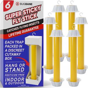 Fly Stick Sticky Fly Traps for Indoors Outdoor 6pk, Non-Toxic Super Sticky Hanging Flies Catcher Paper Tape Strips for Home, Catches All Bugs and Gnat, Indoor Outdoor House Flying Insect Trap