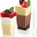 Zezzxu 3 oz Mini Dessert Cups with Spoons, 50 Pack Plastic Square Shooter Cups for Serving Party Desserts Cheesecake Parfait Mousse Pudding Appetizers