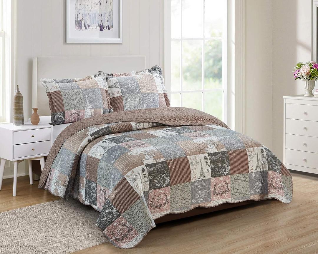 Brilliant Sunshine Paris and Toile Floral Quilt Set, 3-Piece Bedding Sets with 2 Shams, Patchwork Design, Reversible Bedspread, Soft Lightweight Coverlet, All-Season, Full/Queen, Latte Grey