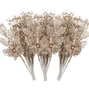 ROSELEAF 28 Pack Christmas Tree Ornaments Set, Champagne Artificial Glitter Berry Flowers Stem Branches Picks for Xmas Tree Decoration Gift Small Vase Home Holiday Wedding Party Decor