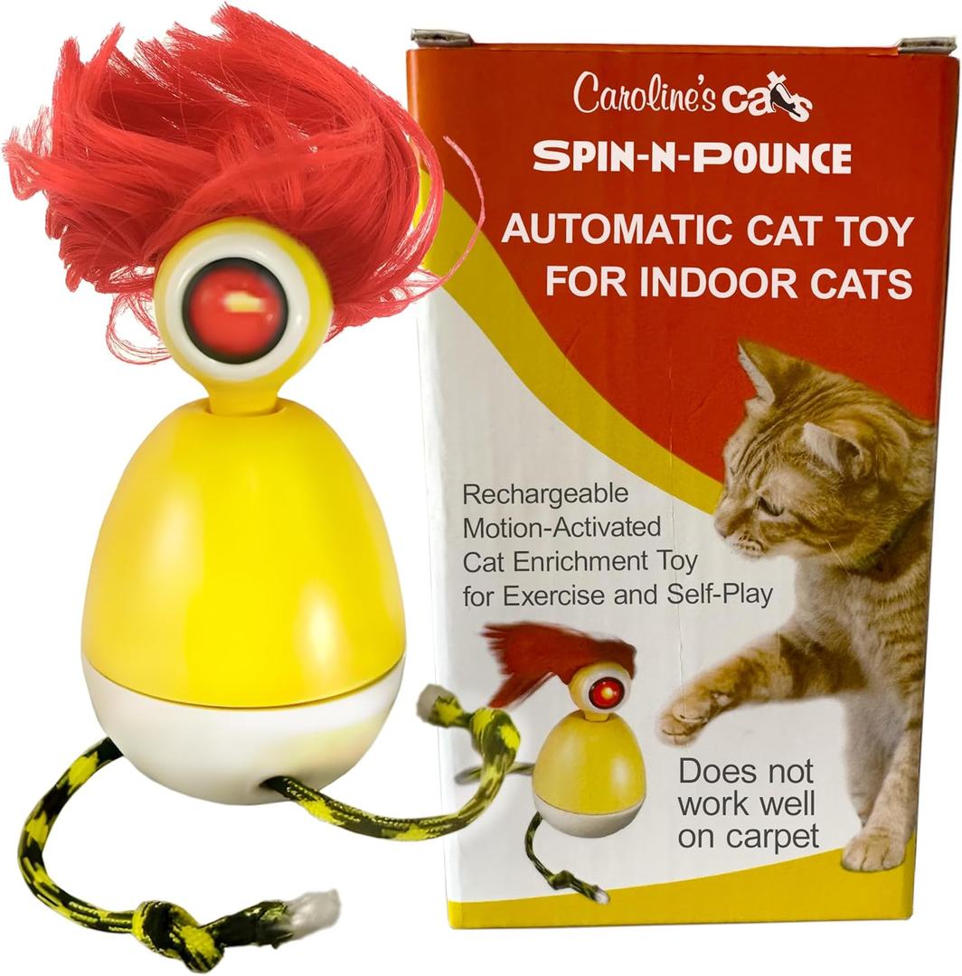 Caroline's Cats Automatic Cat Toy - Rechargeable Spin-N-Pounce with Touch Sensor, Silent Motor, 360-Degree Rotation, Interactive Kitten Toys for Indoor Cats, Encourages Self-Play and Exercise
