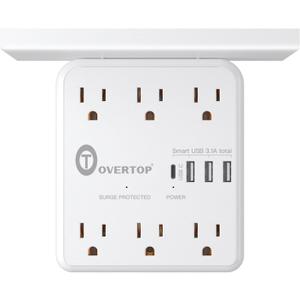Overtop Power Charger with Shelf, Wall Outlet Extender Surge Protector with 6 AC Outlets, 4 USB Ports(1 USB C) Plug Expander Charger Shelf with Storage for Home, Dorm
