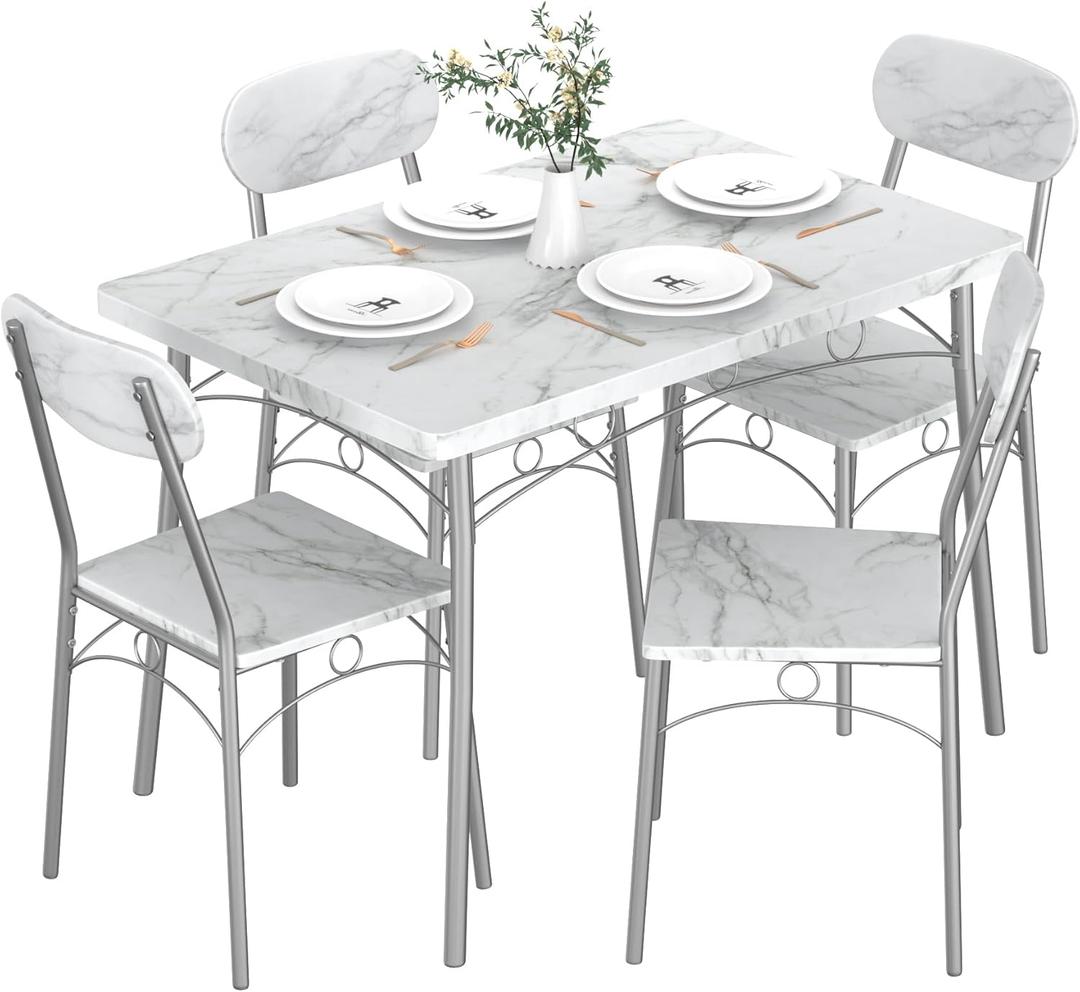 VECELO 5-Piece Kitchen Dining Table Set for 4, Rectangular Dinette with Wooden Chairs for Small Space, Apartment, Breakfast Nook, White
