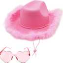 4E's Novelty Cowboy Hat with feathers With Heart Shaped Sunglasses for Women, Felt Cowgirl Hat for Party Costume Dress Up (Pink)
