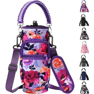 32/40/64/128 oz Neoprene Insulated Water Bottle Carrier Bag, Sling Bag Sleeve Pouch Holder with Strap & Paracord Handle and 2 Pocket for Travelling, Hiking, Camping (Purple Peony)