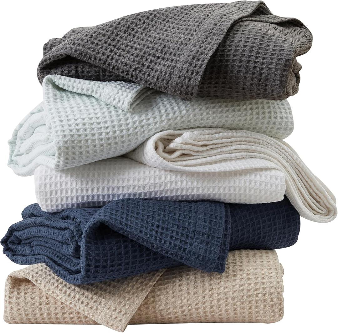 100% Cotton Blanket for King Size Bed - Grey Waffle Weave Lightweight Summer Bed Blanket - 102x90in Prewashed Breathable, Woven, Layering Blanket (King, Light Grey)