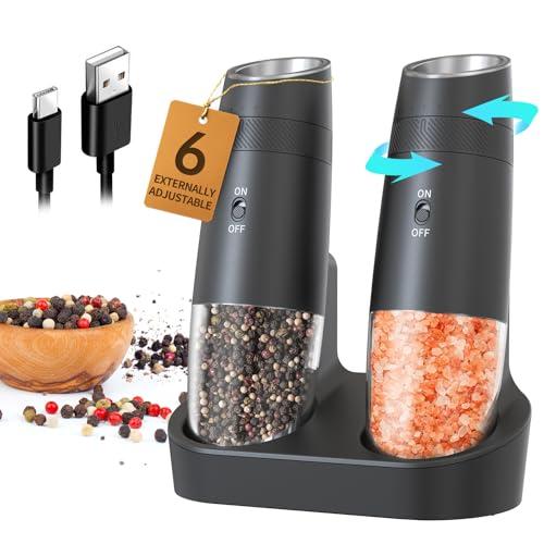 CIRCLE JOY Gravity Electric Salt and Pepper Grinder Set Automatic Shakers Upgraded Pepper Mill with Rechargeable Base, External Adjustable Coarseness, LED Light, Easy Refill for Kitchen & Outdoor