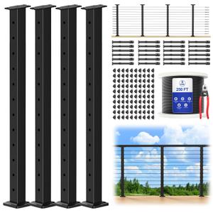 CKE 15ft-20ft Complete Set 42" Modular Black Cable Railing Post Kit, 4Pack Black Level Drilled Line Posts(41"x2"x2"), Swageless Deck Cable Railing System Kit, 250ft 1/8" Wire Rope(No Handrail), LPS02