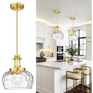 9 Inch Modern Farmhouse Pendant for Kitchen Island, Adjustable Height Hanging Fixture with Ribbed Glass,Brushed Gold, Dining Room Entryway,1 Pack,PL109BG-L