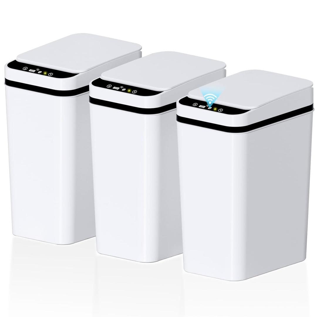 jinligogo 3Pack Bathroom Small Can with Lid, 2.6 Gallon Touchless Automatic Garbage Can Slim Waterproof Motion Sensor Smart Bin for Bedroom, Office, Living Room-White