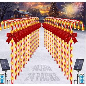 Christmas Solar Candy Cane Pathway Lights, 24PCS 240LED Christmas Light Outdoor Decorations with Red Bow Waterproof, 8 Modes Timer Remote Walkway Garden Lights for Xmas Home Yard Lawn Patio Decor