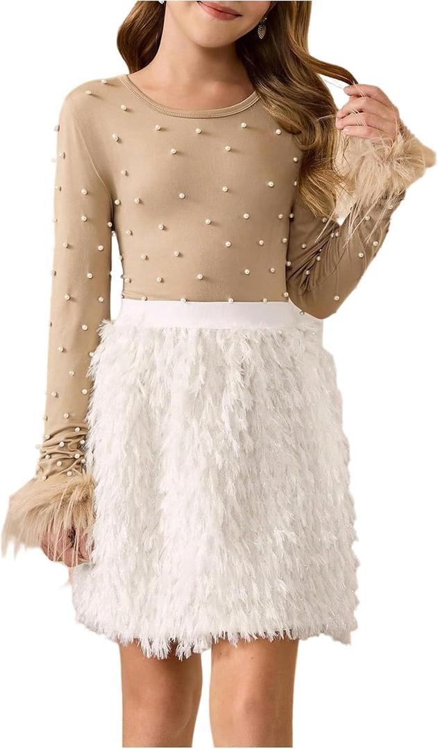 WDIRARA Girl's Faux Fur 2 Piece Sets Pearls Long Sleeve T Shirts Fringe Skirts Cute Outfits (Beige)