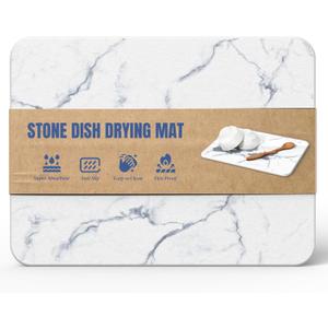 Stone Drying Mat for Kitchen Counter, Water-Absorbent Diatomaceous Dish Drying Mats, Multi-Purpose for Cups Dishes Bottles, Ivory-Marble, 15.7"L x 11.8"W